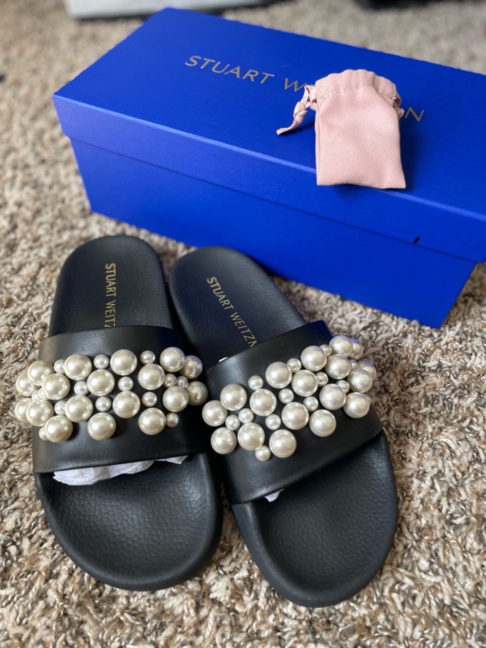Stuart Weitzman Black Slide Sandals with Pearl Clusters